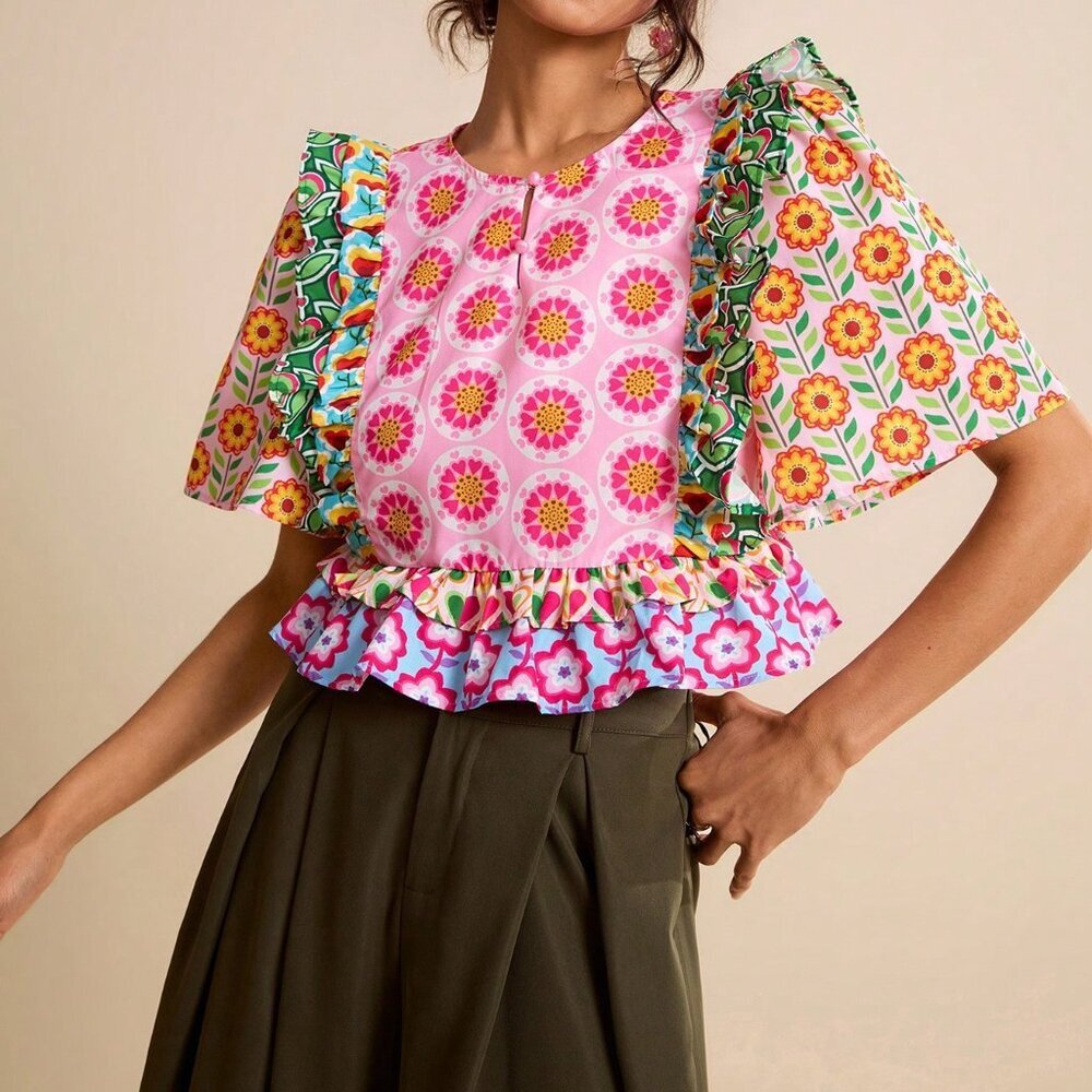 Multicolor Boho Women's Floral Patchwork Cropped Blouse with Ruffle Hem - Picture 4 of 6